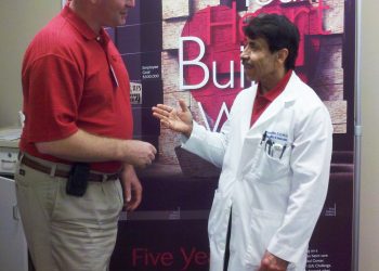 Turlock’s Rick Falkenberg (left) and Dr. Harold Tabaie, Legacy Circle of Emanuel volunteers, discuss their plans to help Emanuel reach its $1 million fund drive goal by Thursday, October 7.