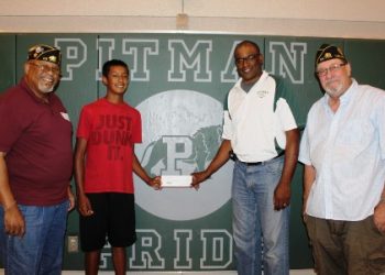 American Legion Members Deliver $350 Donation to Pitman High Boys' Basketball Team. Left to Right: Gunner Bruce, Branson Garcia, Coach Harvey Marable, and John Haggstrom