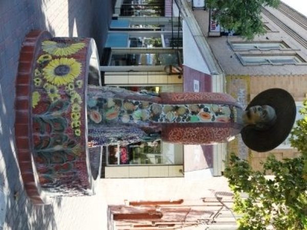 The Califia statue standing at the corner of Main Street and Market Street in Downtown Turlock.